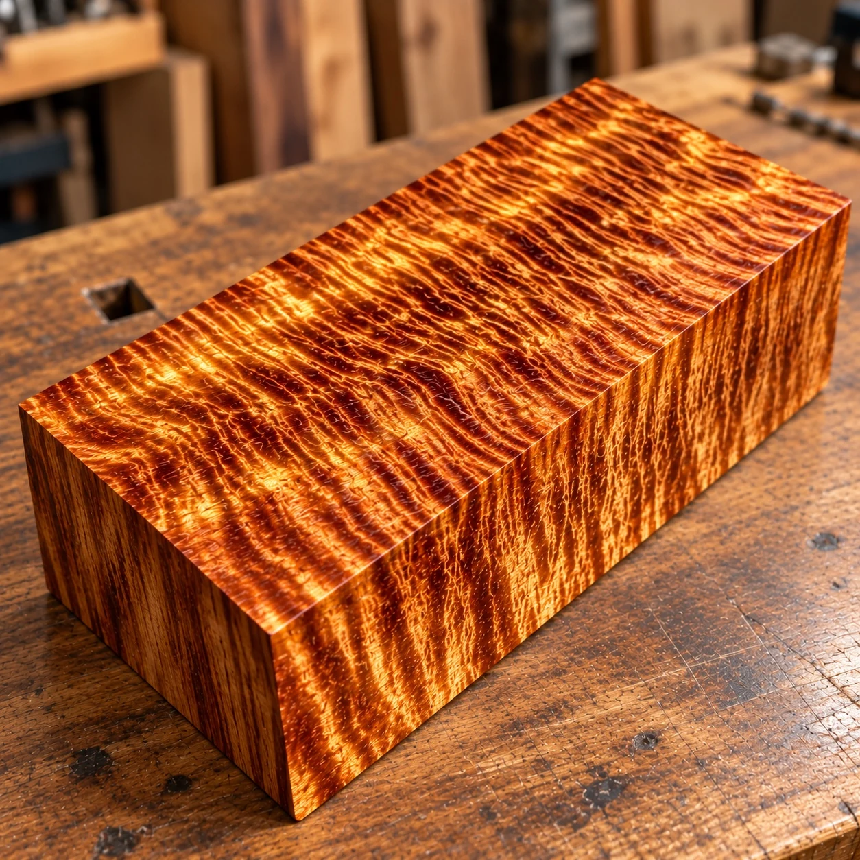 Golden chatoyant figured wood block displayed on a woodworking bench