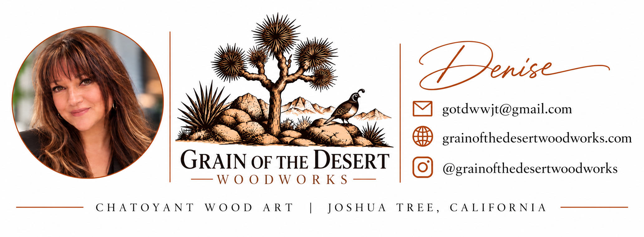 Denise's contact card featuring a quail and her personal email gotdwwjt@gmail.com