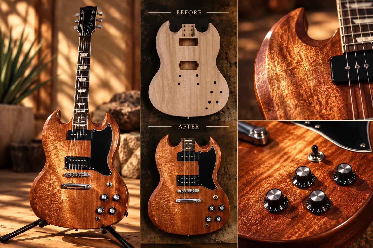 Editorial stylization of the mahogany SG-style guitar, with before-and-after and chatoyance details