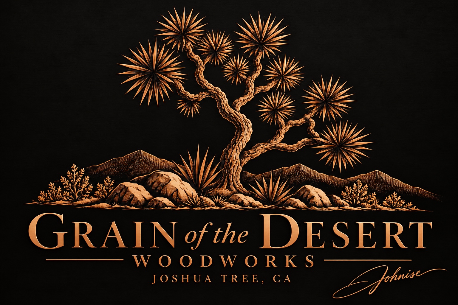 Grain of the Desert Woodworks copper Joshua Tree logo