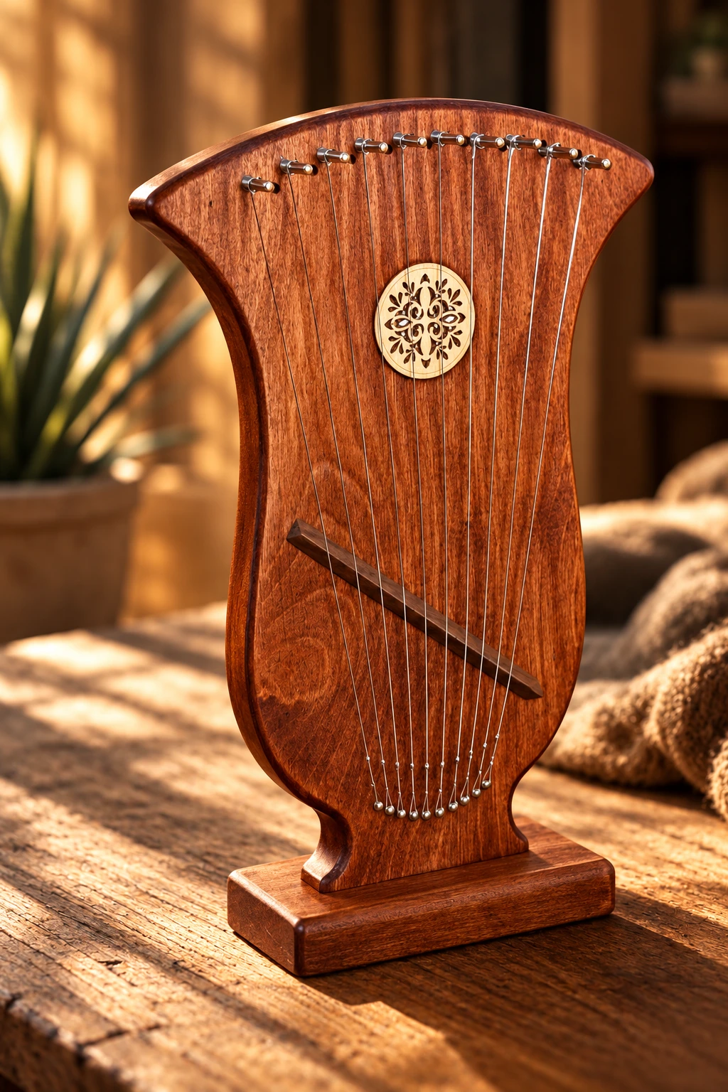 Stylized editorial photograph of John’s completed handmade lyre, with warm lighting emphasizing its reddish wood grain