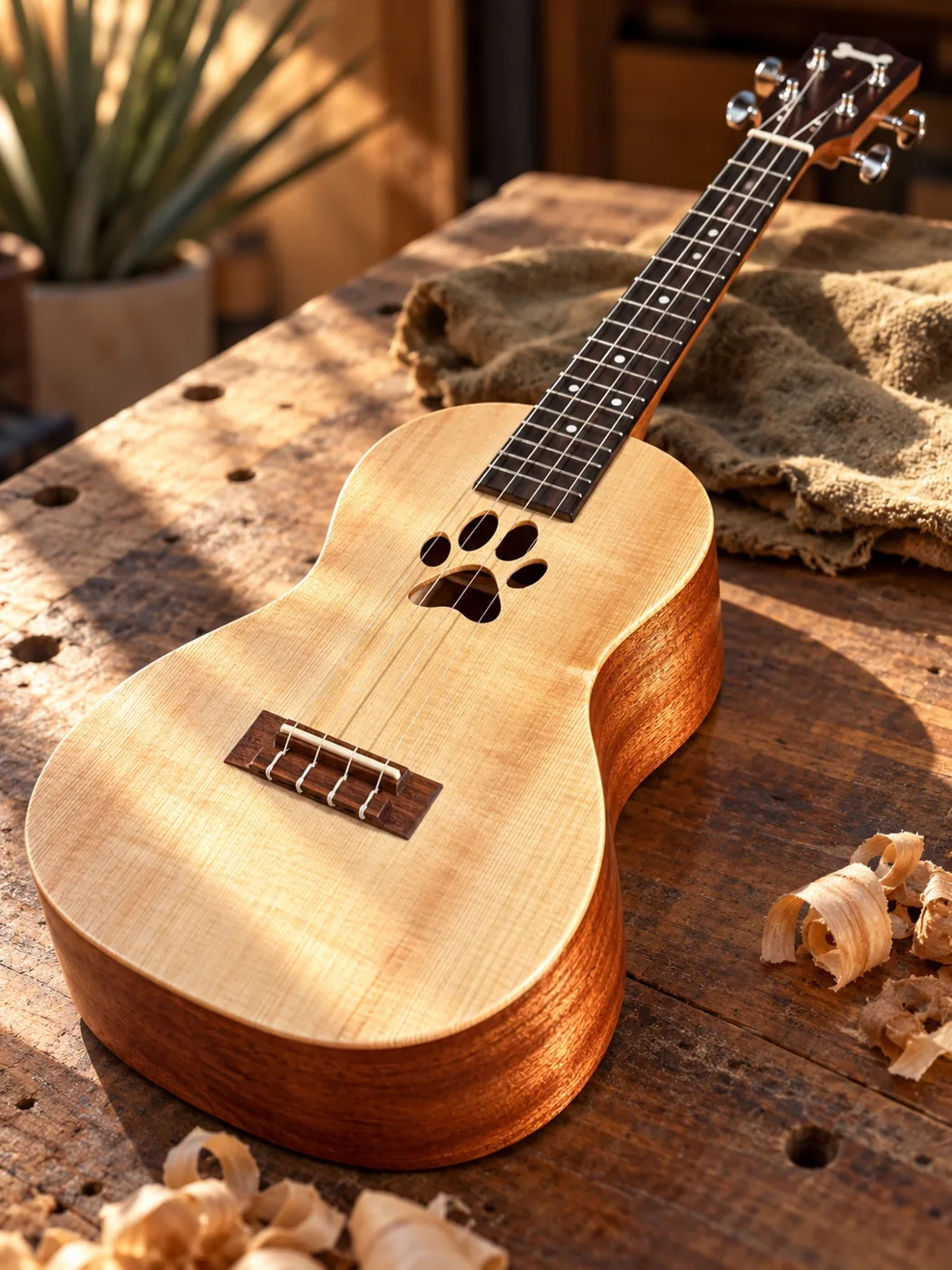 Completed Pug-a-lele with paw-print sound holes, photographed on a warm woodworking bench
